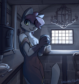 anthro breasts clothed clothing container cup cutlery detailed_background female fork fur gloves_(marking) holding_container holding_cup holding_object inside kitchen_utensils light markings plate solo tail tools window enginetrap branches_(enginetrap) domestic_cat felid feline felis mammal 2021 digital_media_(artwork) hi_res lighting shaded