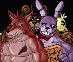 abs alternate_species anthro biceps fur furrification group machine male muscular pecs eurobeat five_nights_at_freddy's scottgames bonnie_(fnaf) chica_(fnaf) foxy_(fnaf) freddy_(fnaf) animatronic avian bear bird canid canine chicken fox galliform gallus_(genus) lagomorph leporid mammal phasianid rabbit robot 2014