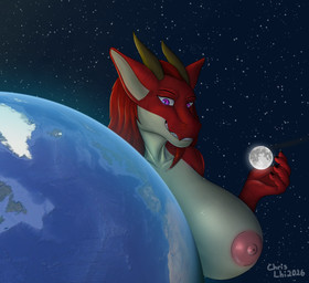 anthro big_breasts breasts constellation earth female glowing glowing_eyes holding_object holding_planet horn huge_breasts macro planet scales smile smirk solo chrislhi mythology dragon mythological_creature mythological_scalie scalie absurd_res hi_res