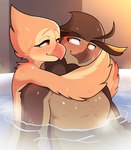 anthro bathing bathing_together beak blush duo eye_contact eyebrows eyelashes female hair half-closed_eyes hug looking_at_another male narrowed_eyes nude partially_submerged short_hair smile water wet budoti morale avian bird owl 2024 hi_res