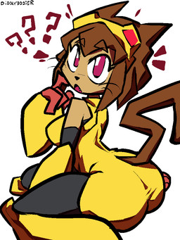 4_fingers anthro big_butt breasts brown_body brown_hair butt butt_focus emanata eyebrows eyelashes eyewear eyewear_on_head female fingers goggles goggles_on_head hair medium_breasts open_mouth question_mark red_eyes side_boob sitting solo thick_thighs wariza whiskers wide_hips diddlydooter1 gameoverse glitch_productions kit_bodega domestic_cat felid feline felis mammal 2026 3:4