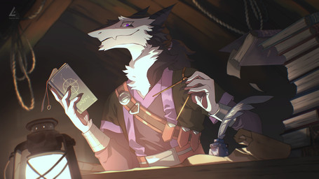 book claws clothing fur hair ponytail smile solo torch lingrimm sergal