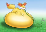 2013 ambiguous_gender belly belly_expansion belly_inflation big_belly big_cheeks black_nose blush canid canine cheek_bulge colored digital_media_(artwork) ear_tuft expansion fennekin feral fox generation_6_pokemon grass green_hose hose_in_mouth hose_inflation huge_belly hyper hyper_belly immobile inflation inflation_fetish liquid_inflation lying mammal motion_lines nintendo on_front orange_eyes oregene plant pokemon pokemon_(species) shaded sky solo swelling tail tuft water_inflation yellow_body yellow_ears yellow_tail