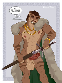 5_fingers abs anthro areola balls bedroom_eyes biceps cape cape_only clothing dialogue digit_ring erection fangs finger_ring fingers fur genitals hair holding_melee_weapon holding_object holding_sword holding_weapon humanoid_genitalia humanoid_penis jewelry looking_at_viewer male melee_weapon mostly_nude muscular muscular_anthro muscular_male narrowed_eyes nipples nude pecs penis sabertooth_(anatomy) saggy_balls seductive simple_background smile solo speech_bubble standing sword teeth text vein veiny_penis weapon darkthorns domestic_cat felid feline felis hybrid mammal prehistoric_species saber-toothed_tiger digital_media_(artwork) english_text hi_res