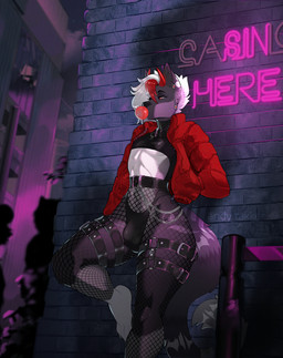 against_surface against_wall anthro biped blowing_bubble_gum bottomless bubble bubble_gum bulge clothed clothing detailed_bulge ear_piercing femboy fishnet_clothing fishnet_legwear hand_in_pocket horn jacket leaning leg_strap legwear makeup male male_anthro neon_lights on_one_leg piercing pockets solo standing straps topwear andytakker jackson_thorne cat_demon demon domestic_cat felid feline felis mammal hi_res