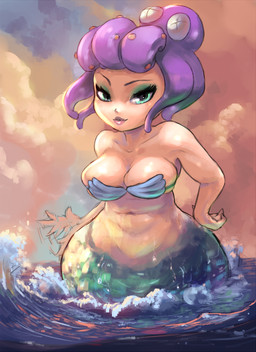 big_eyes blue_eyes bra breasts clothed clothing cloud female lipstick looking_at_viewer macro makeup mostly_nude navel outside scales sea seashell_bra shell smile solo split_form underwear water wet wide_hips cutesexyrobutts cuphead_(game) studio_mdhr cala_maria animal_humanoid aquatic aquatic_humanoid cephalopod coleoid fish fish_humanoid humanoid merfolk mollusk octopodiform 2017