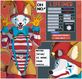 anthro bell big_breasts border breasts card clothed clothing clown clown_makeup female fool's_hat fur gloves handwear hat headgear headwear inner_ear_fluff jester_outfit legwear leotard looking_at_viewer navel smile solo standing straps surprised tail teeth text thick_thighs thigh_highs tuft white_border wide_hips jampalanga balatro canid canine fox mammal absurd_res digital_media_(artwork) english_text hi_res