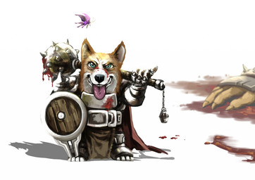 anthro armor blood blue_eyes bodily_fluids brown_body brown_fur cape claws clenched_teeth clothed clothing death fangs fur holding_object holding_weapon male open_mouth open_smile shield simple_background smile solo teeth tongue tongue_out weapon white_background white_body white_fur link2004 arthropod butterfly canid canine canis domestic_dog herding_dog insect lepidopteran mammal pastoral_dog welsh_corgi