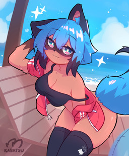 anthro beach blue_hair blush breasts brown_body brown_fur clothing day dutch_angle facial_markings female fur hair hand_behind_head head_markings jacket legwear looking_at_viewer markings mask_(marking) outside red_clothing red_jacket red_topwear smile solo stockings tail topwear water kabatsu brand_new_animal studio_trigger michiru_kagemori canid canine mammal raccoon_dog tanuki 2025 digital_media_(artwork) hi_res