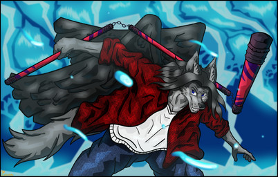 anthro black_border black_hair black_wings blue_eyes border bottomwear clothing denim denim_bottomwear denim_clothing flannel flannel_jacket fur grey_body grey_fur hair jeans male melee_weapon nunchaku pants red_flannel shirt simple_background solo topwear water weapon white_clothing white_shirt white_topwear wings aldanierdraws jujutsu_kaisen ash_clinker canid canine canis mammal wolf absurd_res hi_res