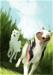 day detailed_background duo feral fur grass outside paws plant sky standing tall_grass white_body white_fur oneminutesketch canid canine canis domestic_dog mammal 2018 digital_media_(artwork)