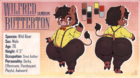 anthro barefoot big_butt blush bottomwear bow_tie brown_body brown_bottomwear brown_clothing brown_eyes brown_hair brown_pants butt clothed clothing description feet fur hair looking_at_viewer looking_back male orange_background pants pink_snout pockets red_bow_tie shirt simple_background smile solo suspenders text thick_thighs topwear tusks wide_hips yellow_clothing yellow_shirt yellow_topwear bitfly wilfred_butterton mammal suid suine sus_(pig) wild_boar 16:9 2025 absurd_res digital_media_(artwork) english_text hi_res model_sheet signature widescreen