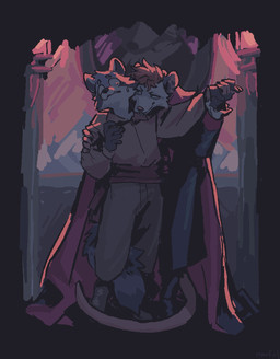 anthro biped bodily_fluids cape clothing dancing duo fur male standing sweat sweatdrop white_body white_fur worried_look mawfulme american_opossum mammal marsupial procyonid raccoon virginia_opossum 2025 hi_res