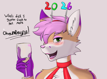 anthro blush clothing collar drinking hair holidays male pink_hair smile solo text booponies conditional_dnp new_year canid canine fox mammal english_text