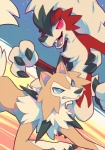 ambiguous_gender blue_eyes brown_body brown_fur claws duo feral fur red_body red_eyes red_fur white_body white_fur salanchu nintendo pokemon canid canine generation_7_pokemon lycanroc mammal midday_lycanroc midnight_lycanroc pokemon_(species) digital_drawing_(artwork) digital_media_(artwork)