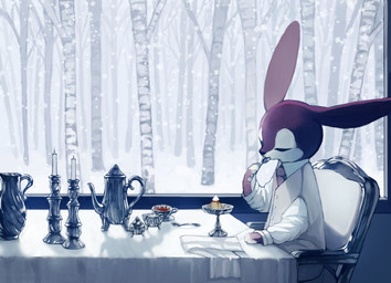 ambiguous_gender anthro beverage biped candle chair clothed clothing container cup cutlery dessert eating eyes_closed food furniture inside kitchen_utensils necktie plant pudding sitting snow solo spoon tablecloth tea tea_cup teapot tools topwear tree vest window mayumochi deer mammal hi_res