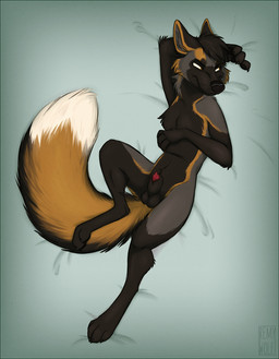 animal_genitalia animal_penis anthro balls bed canine_genitalia canine_penis furniture genitals lipsticking male nude on_bed paws penis sheath solo remywolf dashwood_fox canid canine cross_fox fox mammal red_fox true_fox