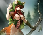 anthro areola arrow_(weapon) blue_eyes bow_(weapon) brown_body brown_fur brown_hair clothed clothing corset detailed_background ears_through_headwear female fur genitals hair holding_object holding_weapon hood lingerie navel nipples outside pussy ranged_weapon red_hair smile solo standing topwear weapon aomori maple_flake canid canine canis coyote mammal 2019 digital_media_(artwork)