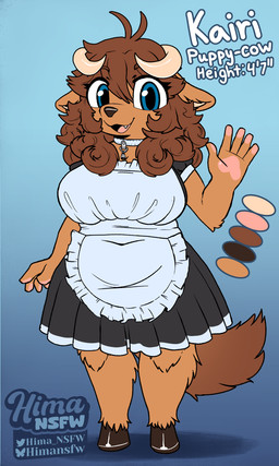 anthro areola big_breasts black_clothing blue_eyes breasts brown_body brown_fur brown_hair brown_tail_tip clothing collar cowbell dipstick_tail female front_view fur gesture hair hooves horn maid_uniform markings pawpads pink_areola pink_pawpads short_female shortstack slightly_chubby solo tail tail_markings uniform waving waving_at_viewer white_clothing white_horn hima_nsfw bovid bovine canid canine canis cattle domestic_dog mammal absurd_res hi_res model_sheet