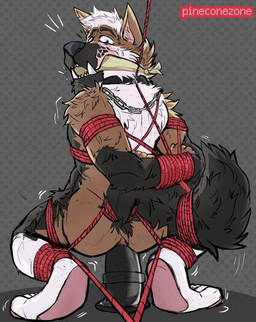 anthro bdsm bodily_fluids bondage bound cloth_gag dildo gag gagged gagspeak male muffled nude restraints rope rope_bondage sex_toy struggling sweat tusks smallsavant canid canine canis domestic_dog mammal absurd_res hi_res