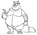 anthro belly big_belly bottomwear bulge clothing eyewear facial_hair footwear glasses male mature_male mustache overweight overweight_male sandals shirt shoes shorts solo topwear bravo canid canine fox mammal 2023 hi_res monochrome sketch