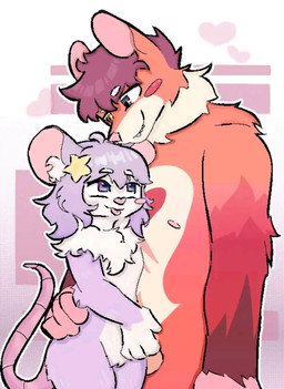 accessory age_difference anthro balls blush duo female fur genitals hair_accessory hand_on_butt hand_on_crotch heart_(marking) heart_symbol looking_at_another male male/female markings neck_tuft nude pink_body pink_fur purple_body size_difference smile star tongue tongue_out tuft vulva young francijs devlin_leroux violette_starling american_opossum mammal marsupial mouse murid murine rodent virginia_opossum hi_res
