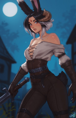 5_fingers anthro biped black_hair black_tail bottomwear breasts clothed clothed_anthro clothed_female clothed_humanoid clothing female female_humanoid fingers freckled_breasts freckled_chest freckled_face freckled_shoulders freckles front_view fully_clothed fully_clothed_female fully_clothed_humanoid hair holding_melee_weapon holding_object holding_sword holding_weapon horn melee_weapon moon night outside red_eyes skt solo standing star sword tail topwear weapon personalami humanoid 2025 digital_drawing_(artwork) digital_media_(artwork) hi_res
