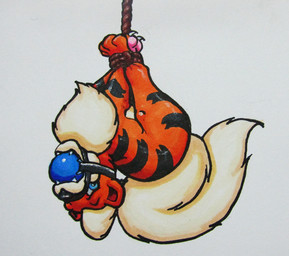 ambiguous_gender ball_gag bdsm big_ball_gag bondage bound captured feral feral_bondage gag gagged oversized_ball_gag restraints rope rope_bondage simple_background solo suspension trapped upside_down white_background raptorroper nintendo pokemon generation_1_pokemon growlithe pokemon_(species) marker_(artwork) traditional_media_(artwork)