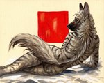 ambiguous_gender anthro bedding brown_body looking_back mane nude pose rear_view reclining simple_background solo cadmiumtea onnes hyena mammal striped_hyena 2019 painting_(artwork) pinup traditional_media_(artwork)