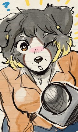 anthro black_body black_fur black_nose blush bottomwear breasts cheek_tuft clothed clothing collared_shirt curvy_figure ear_piercing electronics facial_tuft female floppy_ears fur highlights_(coloring) holding_microphone holding_object jewelry looking_at_viewer microphone multicolored_body multicolored_fur one_eye_closed open_mouth orange_clothing orange_topwear piercing question_mark shirt simple_background solo sparkles sparkling_eyes topwear tuft white_background white_body white_fur conditional_dnp sonokido ventura_city_drifters lucy_adams border_collie canid canine canis collie domestic_dog herding_dog mammal pastoral_dog sheepdog 2026 digital_drawing_(artwork) digital_media_(artwork) hi_res
