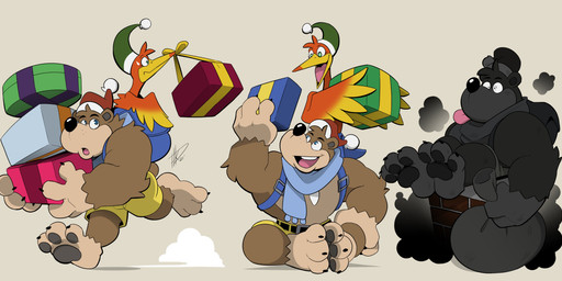 anthro backpack bag barefoot beak belt bodily_fluids bottomwear chimney christmas_clothing christmas_headwear christmas_present claws clothed clothing duo eyebrows feathers feet female feral fur gift hat headgear headwear holding_object holidays jewelry male muscular muscular_anthro muscular_male necklace open_mouth open_smile pawpads running santa_hat scarf shorts simple_background sitting smile soot sweat sweatdrop teeth tongue tongue_out topless topless_anthro topless_male tuft white_background wings hikazedragon banjo-kazooie christmas rareware banjo_(banjo-kazooie) kazooie avian bear bird breegull mammal 2022 absurd_res hi_res signature