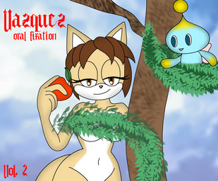 album album_cover_parody anthro apple convenient_censorship covered_breasts female food fruit nude parody plant solo tree weebmochi69 oral_fixation_(shakira) sega shakira sonic_the_hedgehog_(series) fan_character vasquez_the_culpeo canid canine chao_(sonic) culpeo_fox fox mammal south_american_fox hi_res