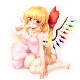 accessory blonde_hair blush breasts camisole clothed clothing colored_nails crystal eating female food hair hair_accessory hair_ribbon holding_object long_hair nails nipple_outline not_furry open_mouth panties pillow pink_camisole pink_nails ponytail popsicle pupils red_eyes ribbons sitting slit_pupils small_breasts solo underwear unusual_anatomy unusual_wings white_body white_skin wings m9kndi touhou flandre_scarlet humanoid vampire 1:1 hi_res