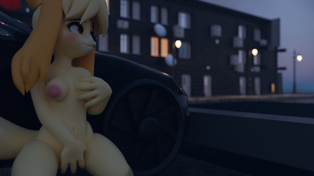 anthro blush breasts building car covering covering_crotch covering_self exhibitionism female night nipples nude outside solo vehicle minalinsky highwizard_(modeler) animal_crossing nintendo isabelle_(animal_crossing) canid canine canis domestic_dog mammal shih_tzu toy_dog 16:9 3d_(artwork) 4k absurd_res digital_media_(artwork) hi_res widescreen