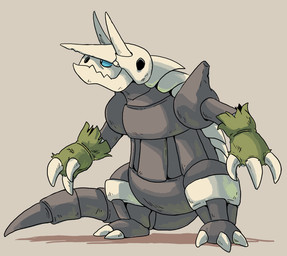 2_horns 3_fingers 3_toes ambiguous_gender anthro biped blue_sclera brown_background claws clothing feet finger_claws fingerless_gloves fingers flesh_fang gloves green_clothing green_gloves green_handwear grey_body handwear horn leaf_clothing semi-anthro shadow simple_background solo standing tail toe_claws toes white_body shellyochunks nintendo pokemon tales_of_tabira sinclair_(tales_of_tabira) aggron generation_3_pokemon pokemon_(species) 2015 female_(lore)