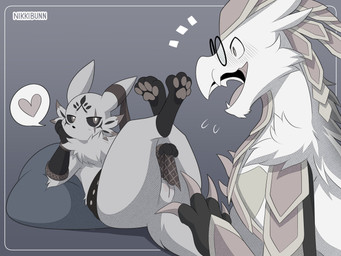ambiguous_gender bedroom_eyes blush bottomwear clothed clothing clothing_lift duo eyewear female feral genitals heart_symbol legs_up loincloth loincloth_lift lying markings narrowed_eyes neck_tuft open_mouth pawpads pillow presenting presenting_vulva seductive simple_background surprised teasing tuft vulva nikkibunn nintendo pokemon rain_world videocult brite_the_warrior_(korumak) fan_character keith_(korumak) generation_7_pokemon kommo-o pokemon_(species) slugcat 4:3 digital_drawing_(artwork) digital_media_(artwork) hi_res monochrome signature sketch