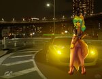 anthro blue_eyes blue_hair blush breasts butt car clothed clothing detailed_background ear_piercing female fluffy fluffy_tail fur green_hair hair multicolored_body multicolored_fur multicolored_hair open_mouth open_smile piercing smile solo tail teeth two_tone_body two_tone_fur two_tone_hair vehicle white_body white_fur yellow_body yellow_fur mifa ferrari gran_turismo sony_corporation sony_interactive_entertainment rachel_(calithya) canid canine canis mammal wolf 3d_(artwork) digital_media_(artwork)