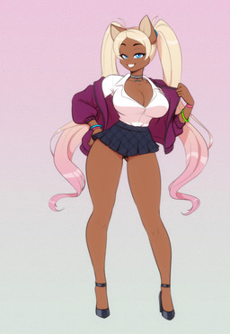anthro big_breasts blonde_hair blue_eyes bottomwear breasts brown_body butt butt_from_the_front choker cleavage clothed clothing collarbone ear_piercing ear_stud eyebrows eyelashes female footwear hair hand_on_hip high_heels jacket jewelry necklace panties panty_peek piercing shirt shoes skirt smile solo topwear twintails_(hairstyle) underwear wide_hips wristband scorpdk domestic_cat felid feline felis mammal 2025 absurd_res hi_res