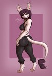 anthro bell bell_collar big_butt black_hair bottomwear bra butt clothing collar female fur hair pants presenting presenting_hindquarters smile solo sports_bra underwear white_body white_fur yoga_pants coniraccoon hope_(tinycatskye) ottaroo absurd_res hi_res