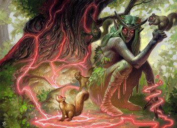 ambiguous_gender brown_body brown_fur crouching female feral forest fur glowing glowing_eyes grass group horn looking_at_viewer magic outside plant red_eyes standing tail tree chris_seaman hasbro magic:_the_gathering wizards_of_the_coast elf humanoid mammal rodent sciurid tree_squirrel 2019 official_art
