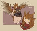 bottomwear brown_body brown_feathers brown_hair clothing feathers female hair red_scarf scarf skirt solo yellow_eyes cat_nnine european_mythology greek_mythology mythology valerie_(cat_nnine) animal_humanoid avian avian_humanoid harpy harpy_humanoid humanoid mythological_avian mythological_creature absurd_res hi_res