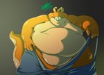 anthro bodily_fluids clothing clothing_pull fupa male obese obese_male overalls overweight overweight_male parasite solo sweat hariyamart otto_(taniwah) gastropod green-banded_broodsac mollusk slug snail hi_res