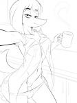 anthro bedroom_eyes beverage breasts clothing coffee female half-closed_eyes narrowed_eyes nightgown pose seductive solo underwear chasm006 hardtones misha_(colo) canid canine mammal 3:4 hi_res monochrome pinup