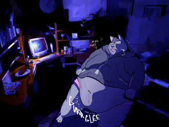 3d_background anthro bedroom breath chair clothing computer computer_desk desk electronics eyewear furniture glasses half-closed_eyes hoodie male narrowed_eyes nerd night obese obese_anthro obese_male office_chair onomatopoeia overweight overweight_anthro overweight_male panting rumbling_stomach solo sound_effects table text toony topwear underwear wearing_glasses vv0ltz domestic_cat felid feline felis mammal 3d_(artwork) 4:3 digital_media_(artwork) hi_res line_art mixed_media