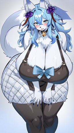 5_fingers accessory anthro apron apron_only bell bell_collar big_breasts big_butt biped black_clothing black_nose blue_body blue_clothing blue_eyes blue_nails blush bodily_fluids bow_tie breasts butt chest_tuft clothed clothing collar colored_nails curvy_figure eyelashes female female_anthro fingers fishnet_clothing fishnet_legwear front_view fur hair hair_accessory huge_breasts huge_butt huge_hips huge_thighs inner_ear_fluff kemono legwear long_hair long_tail looking_at_viewer married_woman mature_anthro mature_female messy_hair mostly_nude multicolored_body multicolored_ears multicolored_fur nails no_underwear open_mouth pupils ring silver_ring simple_background smile solo stockings sweat tail thick_thighs thigh_highs thin_eyebrows tuft wide_hips kakuteki11029 lily_mari arctic_fox canid canine fox mammal true_fox 2025 absurd_res detailed digital_drawing_(artwork) digital_media_(artwork) hi_res shaded