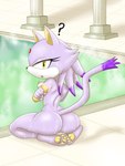 anthro big_butt biped breasts butt detailed_background eyelashes feet female fur genitals kneeling looking_at_viewer looking_back looking_back_at_viewer nipples nude pawpads paws pupils purple_body purple_fur pussy question_mark rear_view soles solo steam toes water wet lurking_tyger sega sonic_the_hedgehog_(series) blaze_the_cat domestic_cat felid feline felis mammal 3:4 hi_res