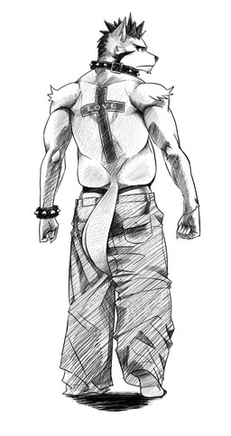 5_fingers alternative_fashion anthro bare_back barefoot biped black_collar bottomwear bracelet clothed clothing collar cross denim denim_bottomwear denim_clothing feet fingers fist frown hair jeans jewelry looking_at_viewer looking_back looking_back_at_viewer male muscular muscular_anthro muscular_male oversized_bottomwear oversized_clothing oversized_pants pants punk rear_view short_hair simple_background solo spiked_bracelet spikes spiky_hair standing studded_collar studs tail tattoo text thong thong_straps topless underwear white_background beaugilliam langdon_marston canid canine canis domestic_dog mammal black_and_white greyscale monochrome