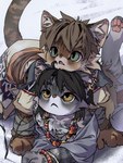 anthro black_hair brown_body brown_fur brown_hair clothed clothing duo fingers fur green_eyes grey_body grey_fur hair inner_ear_fluff kemono male pawpads tail tuft blaedic domestic_cat felid feline felis mammal absurd_res hi_res