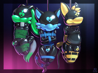 abstract_background anthro bdsm biped black_latex blue_latex bodysuit bondage bound bulge clothed clothing collar drone glistening glistening_clothing green_latex group harness latex lock_bulge lock_symbol male null_bulge restraints rope rope_bondage simple_background skinsuit straitjacket suspension suspension_bondage thick_collar tight_clothing trio yellow_latex radasus oliver_(bio-bunny) radasus_nailo sylvester_merrimen canid canine canis domestic_cat domestic_dog felid feline felis herding_dog lagomorph leporid mammal pastoral_dog rabbit welsh_corgi 2026 4:3 digital_media_(artwork) hi_res