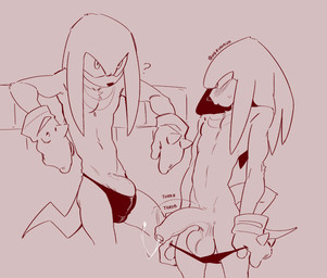 anthro balls blush blush_lines bodily_fluids bulge clothed clothing erection erection_under_clothing foreskin genital_fluids genitals gloves handwear humanoid_genitalia humanoid_penis ineffective_clothing leaning_on_wall looking_away male motion_lines motion_outline panties panties_down partially_clothed penis penis_base precum precum_string question_mark saggy_balls simple_background slim slim_male solo standing tail throbbing throbbing_penis tight_clothing underwear underwear_down undressing unretracted_foreskin nerunaur sega sonic_the_hedgehog_(series) knuckles_the_echidna echidna mammal monotreme 2026 hi_res signature
